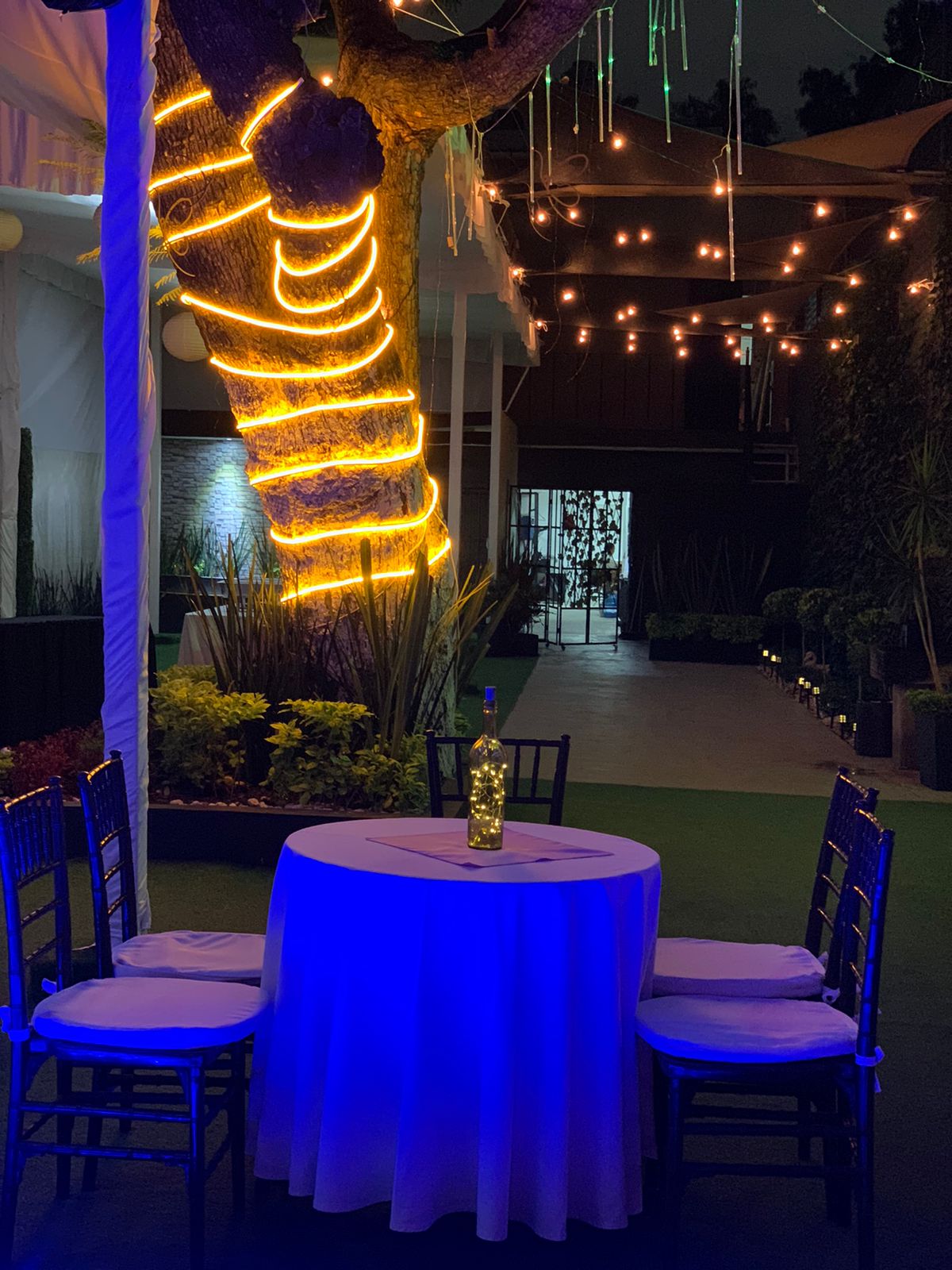 Mesa de lounge con mantel azul, botella luminosa y árbol iluminado en el jardín
